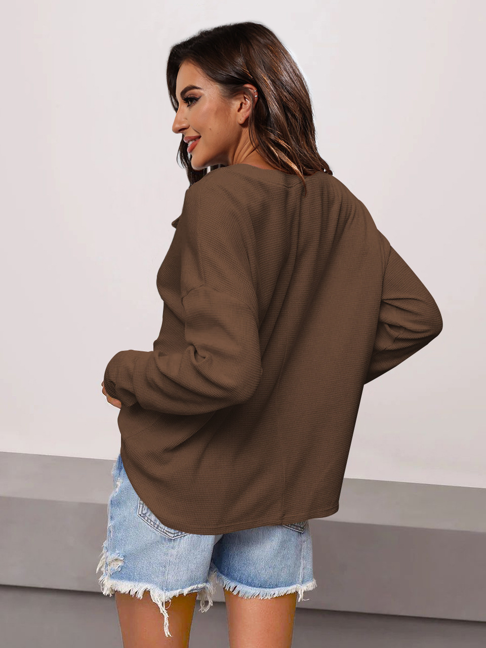 Women's Fashionable Casual All-match V-neck Long-sleeved Top 1722219160030810112