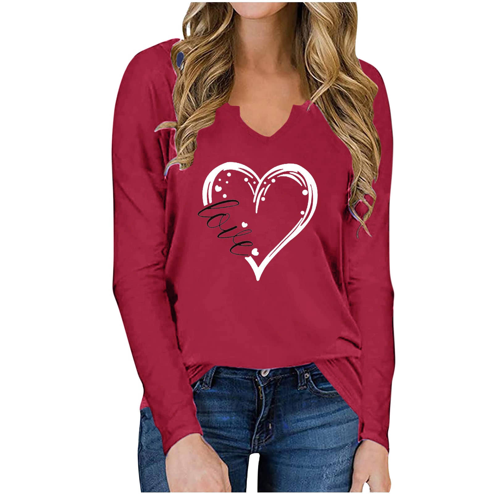 18a0f587-18e5-4e57-98cf-d561e967e6ba Vneck Valentines Day Printed Tshirt Cross-border Longsleeved Loose Top - Image 3