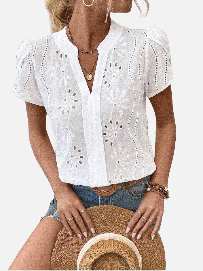 Women's Solid Color Hollow Embroidered Top 2407190721360328100