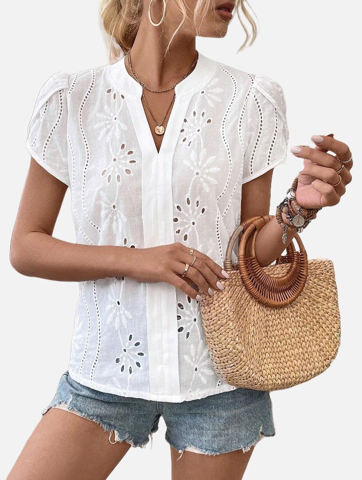 Women's Solid Color Hollow Embroidered Top 2407190721360329900