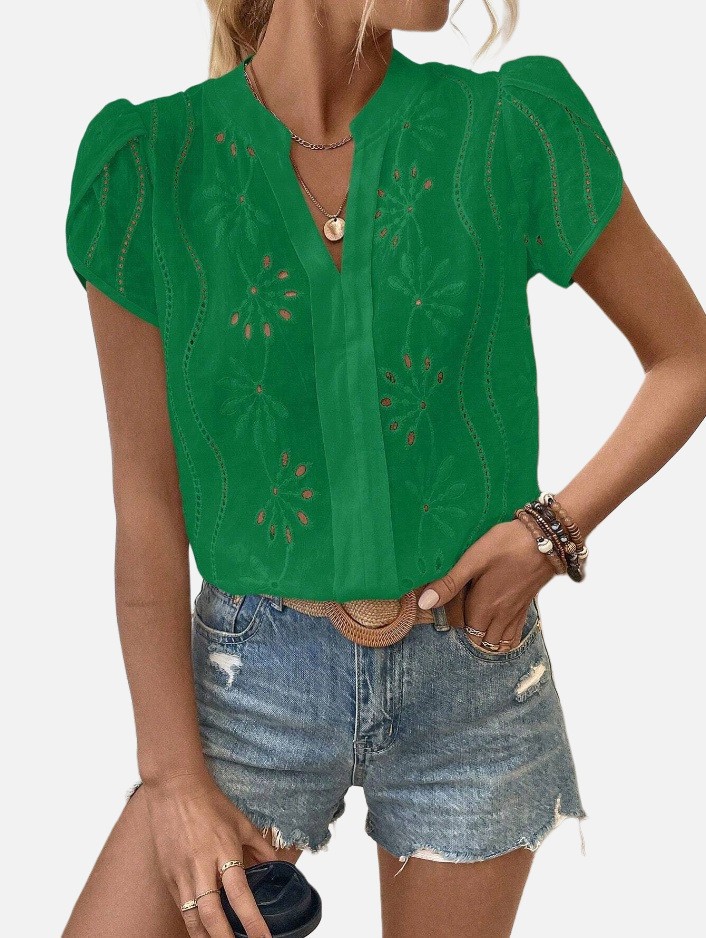 Women's Solid Color Hollow Embroidered Top 2407190721370321200