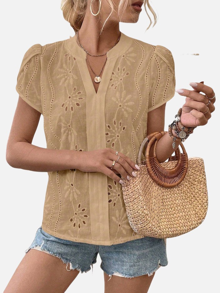 Women's Solid Color Hollow Embroidered Top 2407190721370323600