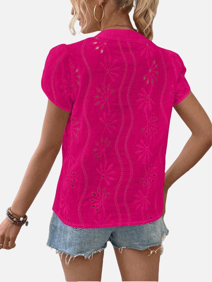 Women's Solid Color Hollow Embroidered Top 2407190721370325400