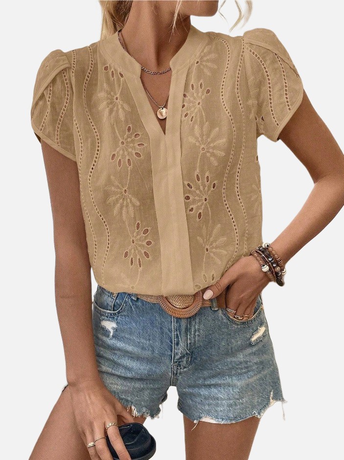 Women's Solid Color Hollow Embroidered Top 2407190721370328000