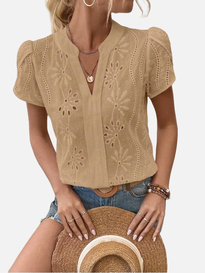Women's Solid Color Hollow Embroidered Top 2407190721370329800