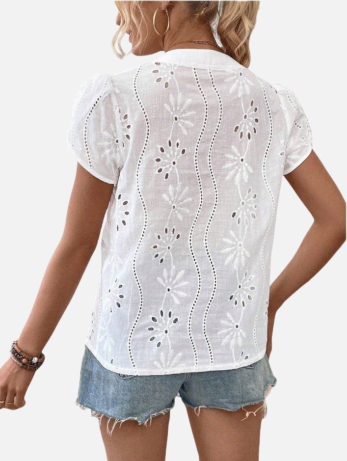 Women's Solid Color Hollow Embroidered Top 2407190721380322800