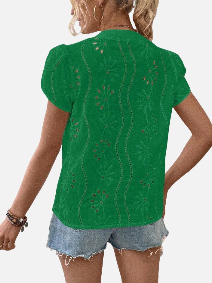 Women's Solid Color Hollow Embroidered Top 2407190721380324300