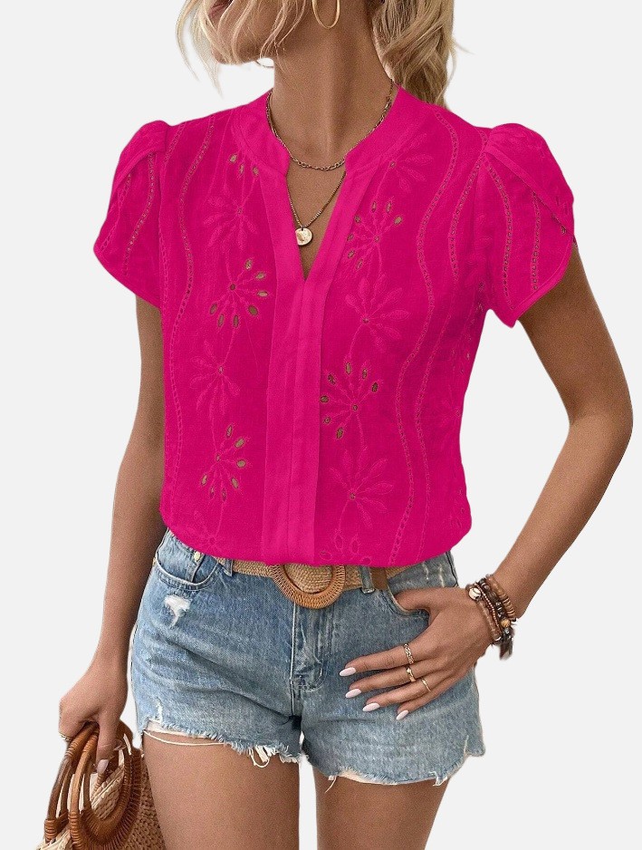 Women's Solid Color Hollow Embroidered Top 2407190721380326100