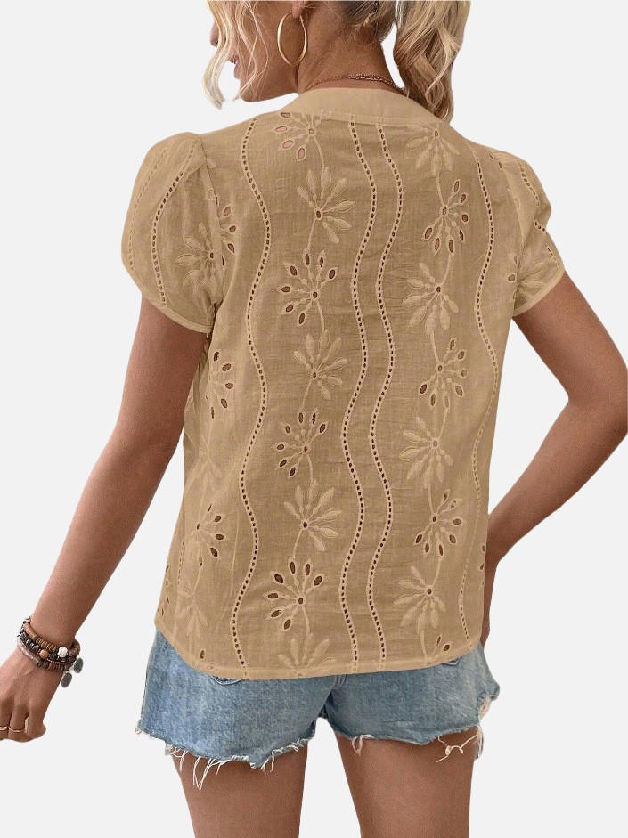 Women's Solid Color Hollow Embroidered Top 2407190721380328900