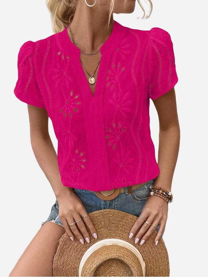 Women's Solid Color Hollow Embroidered Top 2407190721390320100