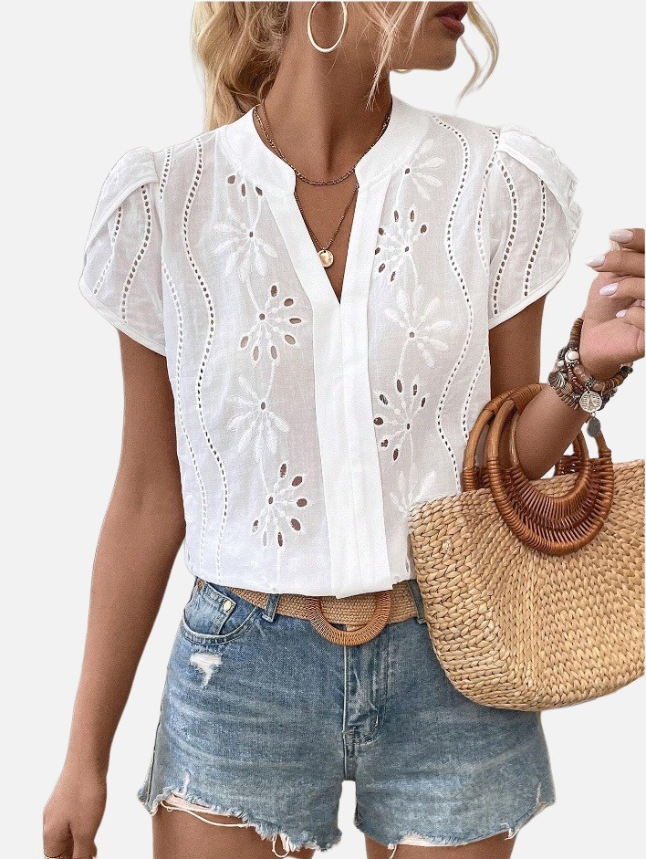 Women's Solid Color Hollow Embroidered Top 2407190721390328900