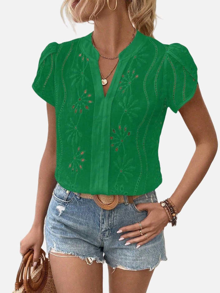 Women's Solid Color Hollow Embroidered Top 2407190721400322300