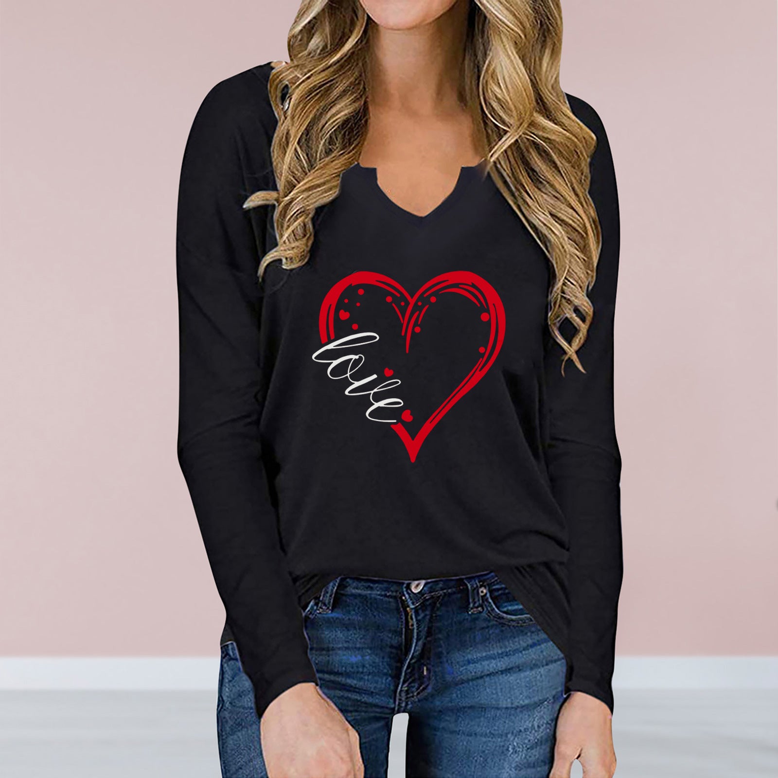 54b10873-5872-41fe-9b68-cce50eedb6c6 Vneck Valentines Day Printed Tshirt Cross-border Longsleeved Loose Top - Image 10