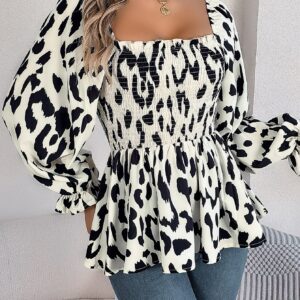 Women's Casual Ruffle Trim Square Neck Leopard Print Long Sleeve Chiffon Top