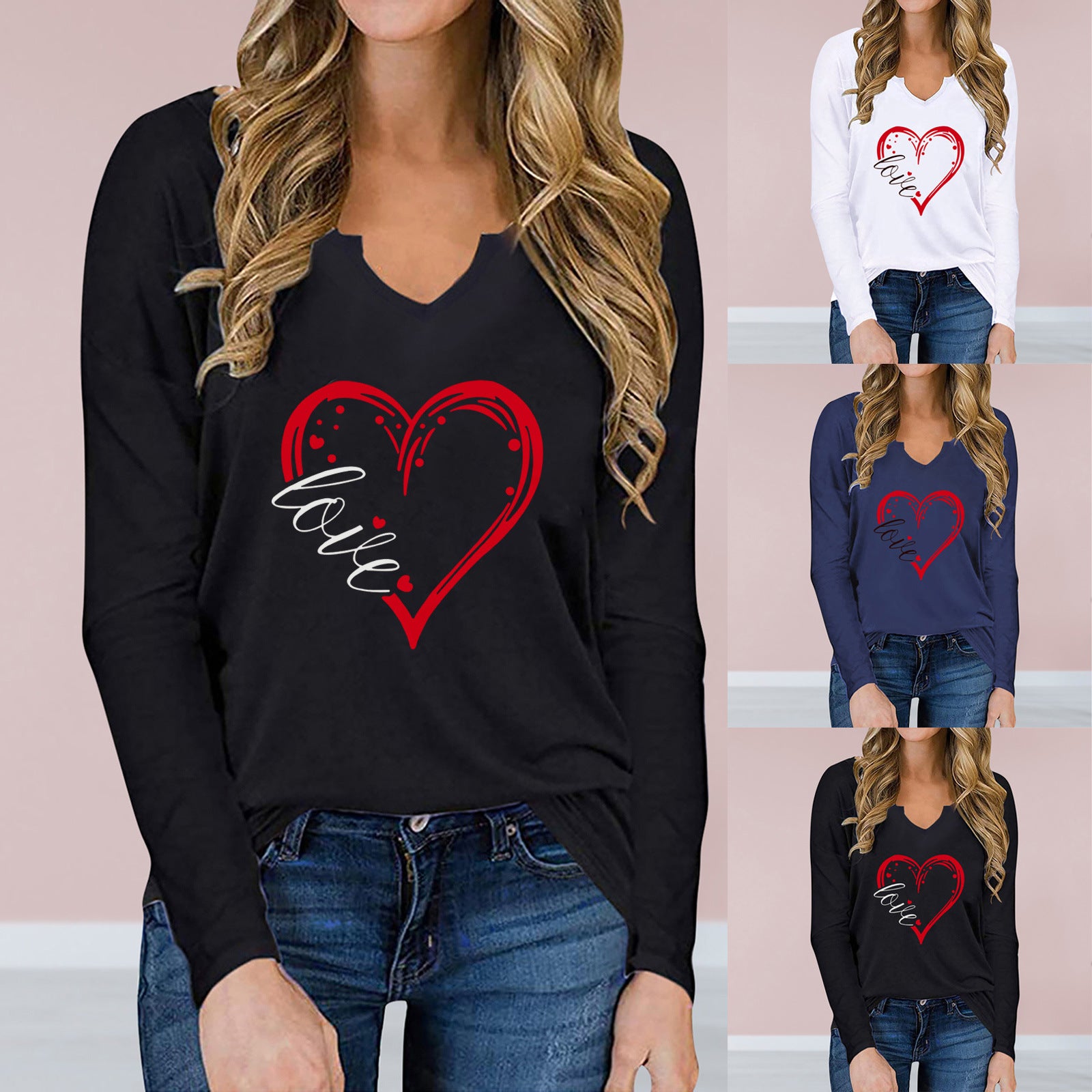 9c03bdac-6764-458d-bfb9-4a246cd3c8a1 Vneck Valentines Day Printed Tshirt Cross-border Longsleeved Loose Top
