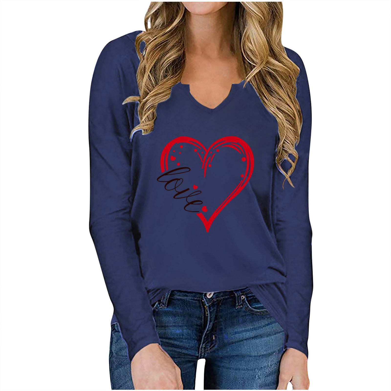 c384d4d8-d239-4cd9-b3f5-69dfed32278e Vneck Valentines Day Printed Tshirt Cross-border Longsleeved Loose Top - Image 9