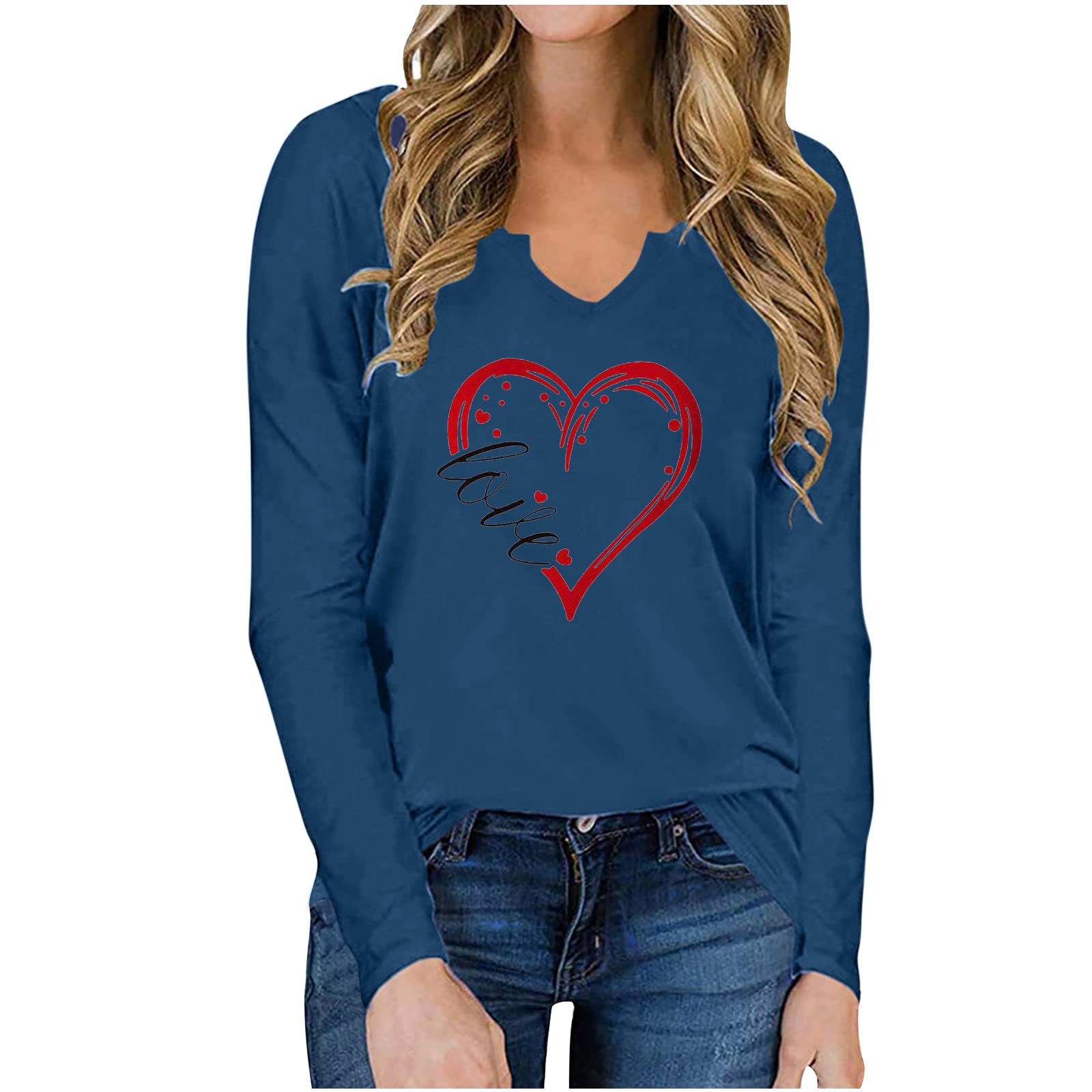 c41085fb-91fb-4f75-a08b-80f7e8e2937d Vneck Valentines Day Printed Tshirt Cross-border Longsleeved Loose Top - Image 7