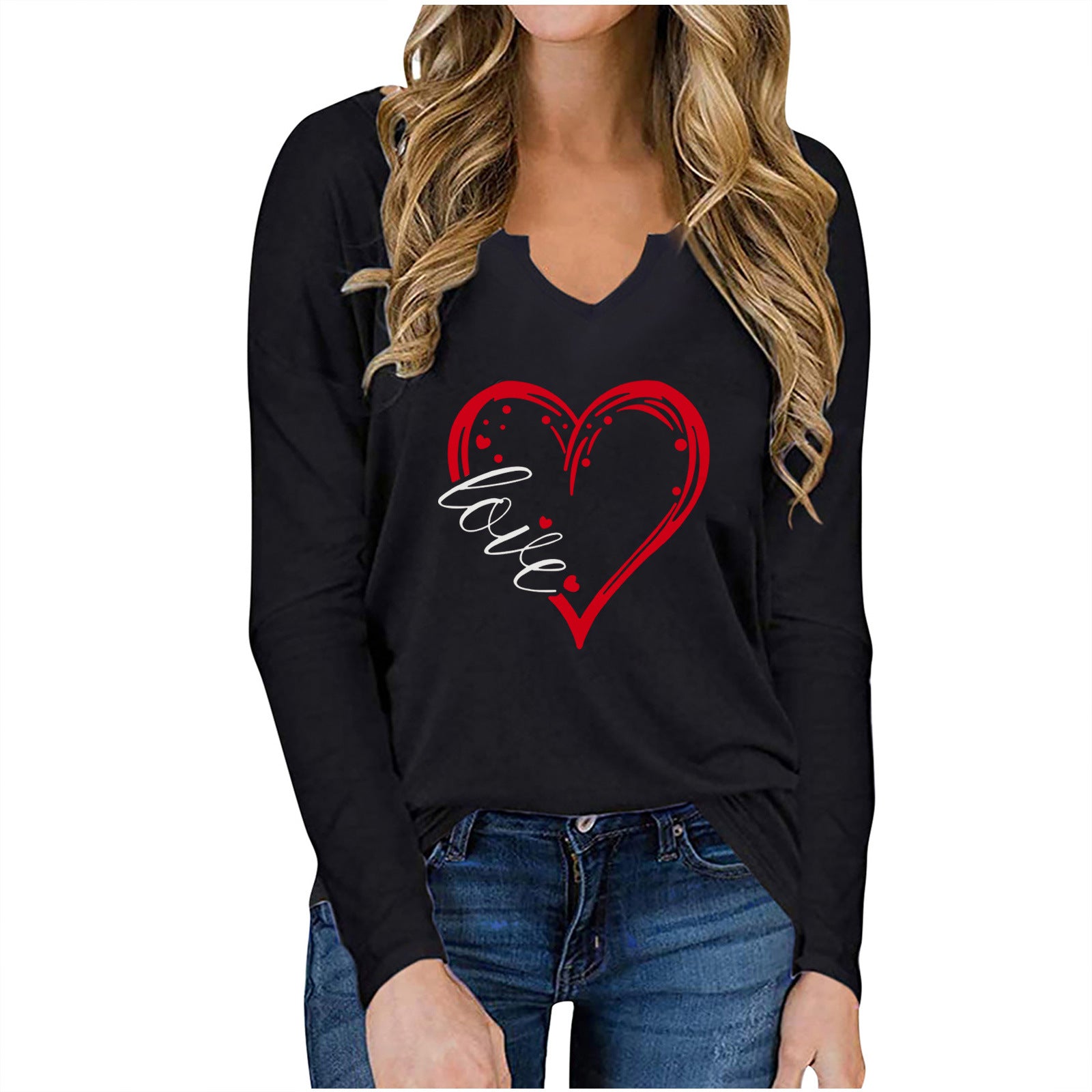 e68b4b3e-22c9-4a99-8a65-d9a8831f3104 Vneck Valentines Day Printed Tshirt Cross-border Longsleeved Loose Top - Image 6